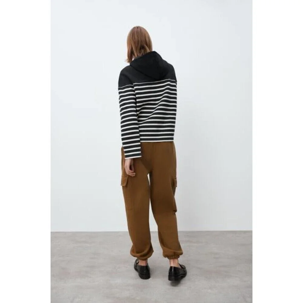 Navy Blue White Striped Zara Half Zip Long Sleeve Hoodie Sweatshirt (NWT) - Picture 5 of 9